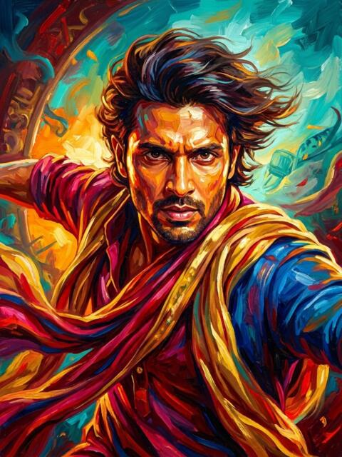 पुरुष सैंपल चेहरा, हाथ से बने बॉलीवुड पोस्टर का हीरो, लहराता लाल दुपट्टा