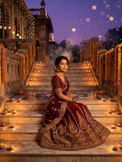 The female sample face as a Diwali Editorial portrait: a maroon silk lehenga on marble steps lined with diyas