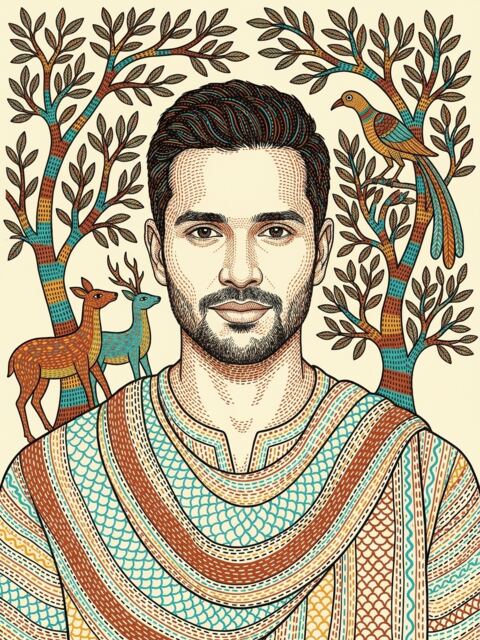 The male sample face in a patterned kurta, framed by Gond-style trees and deer