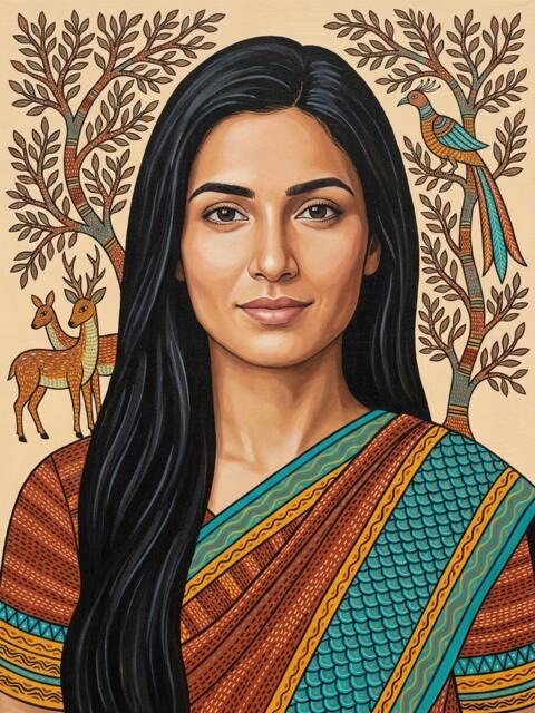 महिला सैंपल चेहरा, साड़ी में, गोंड शैली के पेड़ों, पक्षियों और हिरणों के बीच