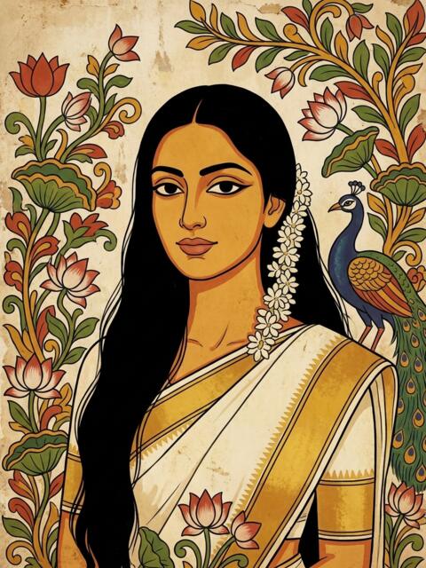 The female sample face in a white and gold saree, painted in the Kerala temple mural style