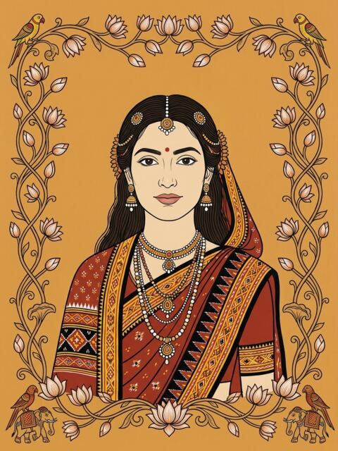 The female sample face in a red saree and temple jewellery, in a Pattachitra floral frame