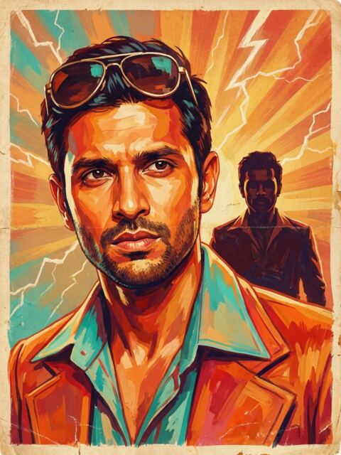 The male sample face on a hand-painted 1970s Hindi film poster, sunglasses pushed up