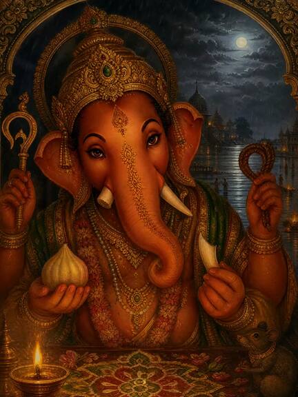 Lord Ganesha at night, holding a modak, a diya glowing in front of him