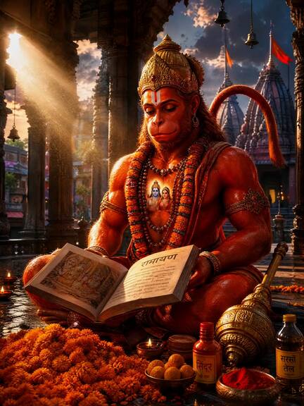 Lord Hanuman reading scripture in a sunlit temple, with marigolds and a diya