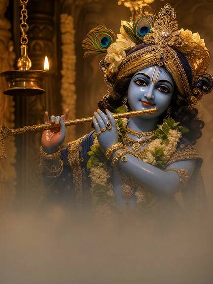 Lord Krishna playing the flute beside a hanging brass lamp, in soft mist