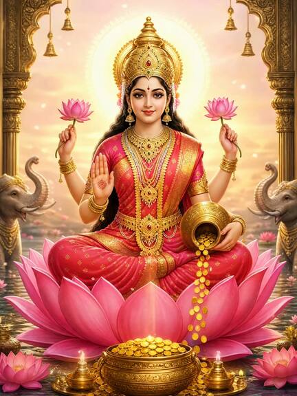 Goddess Lakshmi seated on a pink lotus, gold coins pouring from her pot