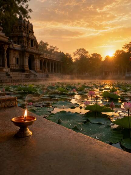 Sunrise over a temple lotus pond, a lit diya on the stone steps