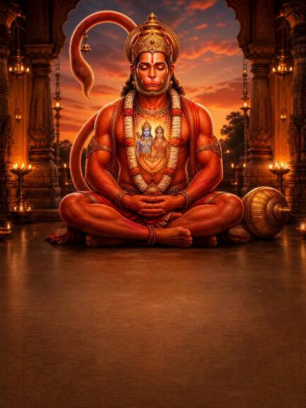 Hanuman meditating in a lamp-lit temple at dusk, Ram and Sita shown in his heart