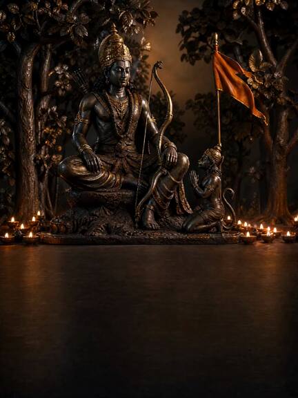 Lord Ram seated beneath a tree with his bow and a saffron flag, Hanuman kneeling before him, diyas glowing at dusk