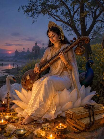 Goddess Saraswati in white, playing the veena on a lotus by the water at dawn