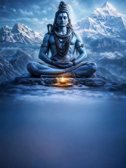 Lord Shiva meditating on a rock above the clouds in the Himalayas