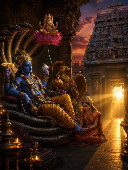 Lord Vishnu resting on the serpent Shesha, Lakshmi at his feet, a lit temple gateway behind